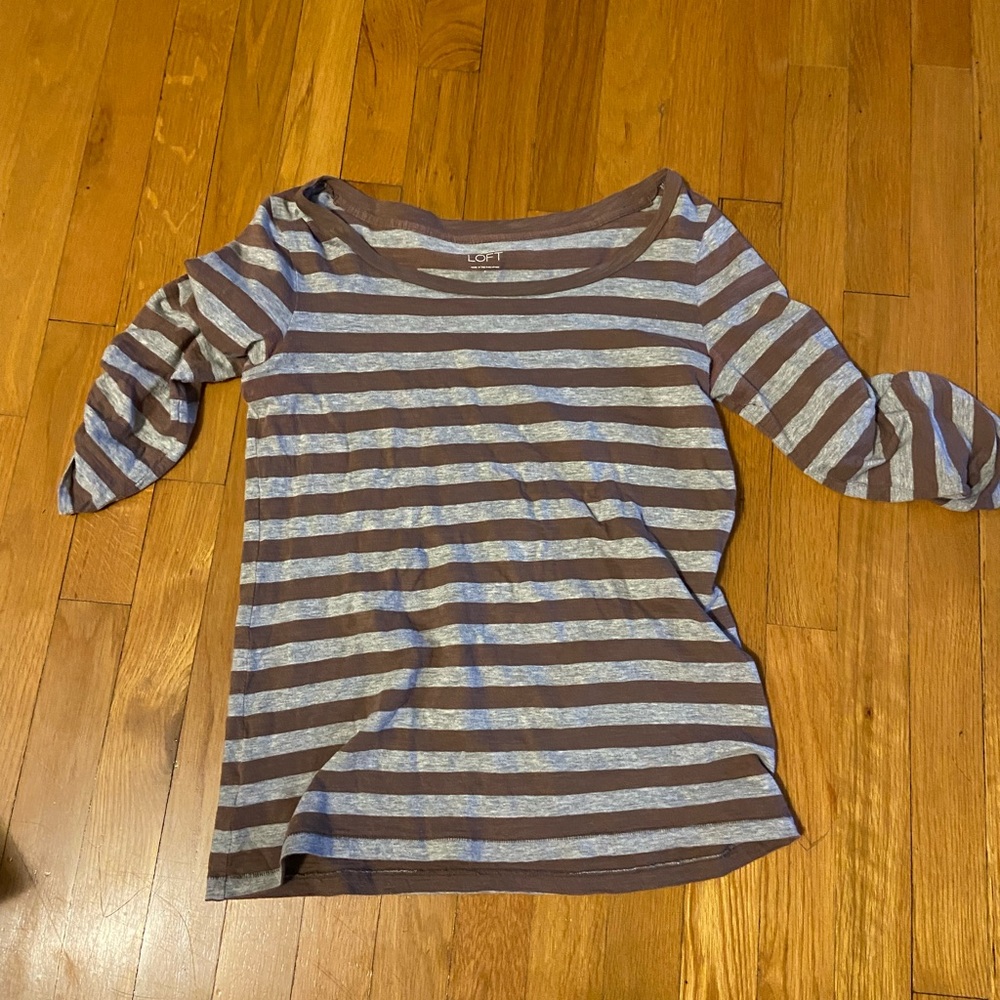 LOFT Brown and Gray Striped Blouse